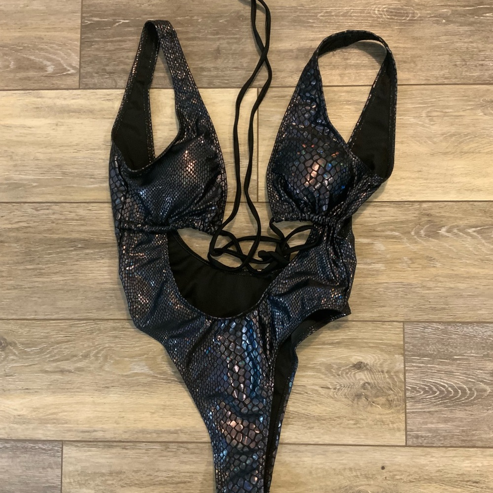 Black Snakeskin One-Piece Swimsuit. Size S.
